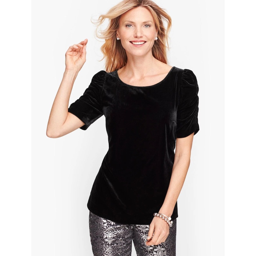 Talbots Black Velvet Ruched Puff Sleeve Blouse Size L Holiday Party Cocktail Top